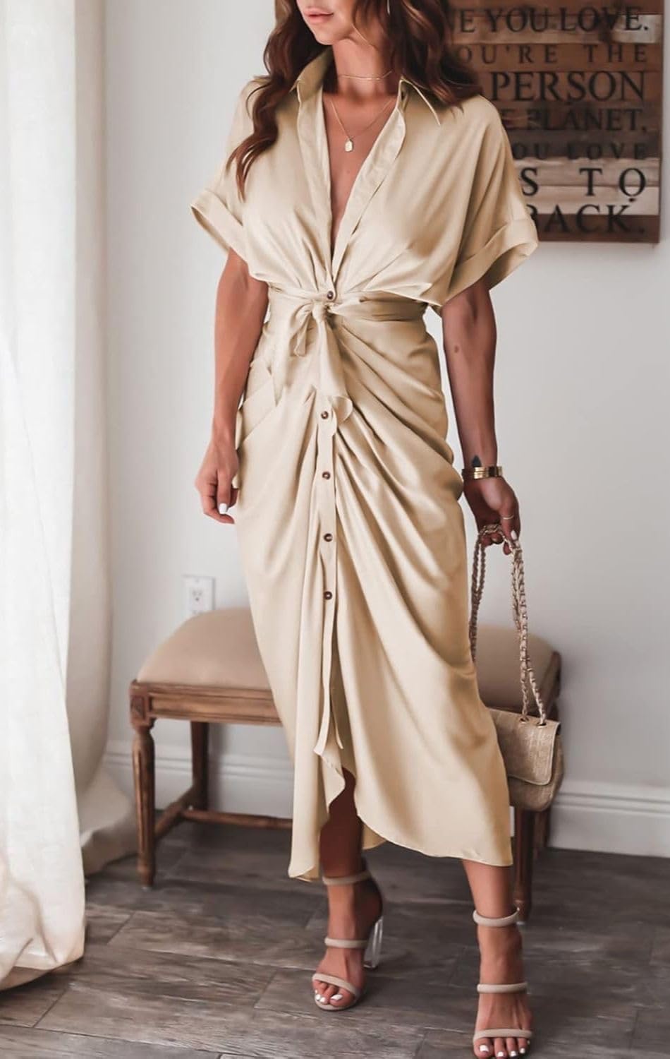 Women's Swing Classic Cute Maxi Ruched Breathable Shirt Dresses Bownot Slim Fitted Dress