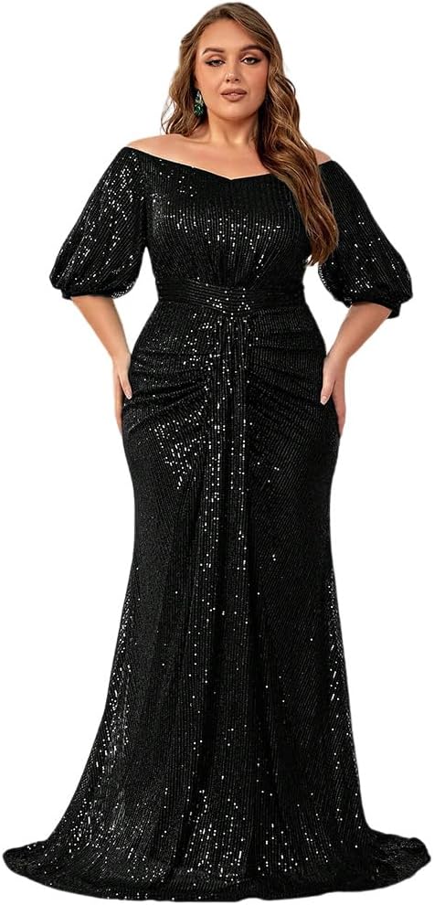 Women's Plus Size Off Shoulder Puff Sleeve Sequin Formal Maxi Dress Evening Party Gowns