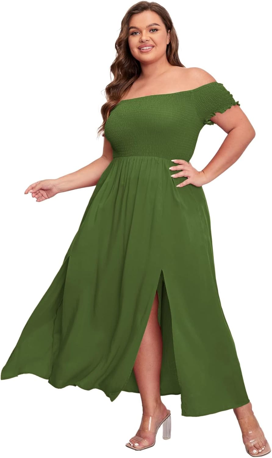 Floerns Women's Boho Floral Print Off Shoulder Split Long A Line Dress