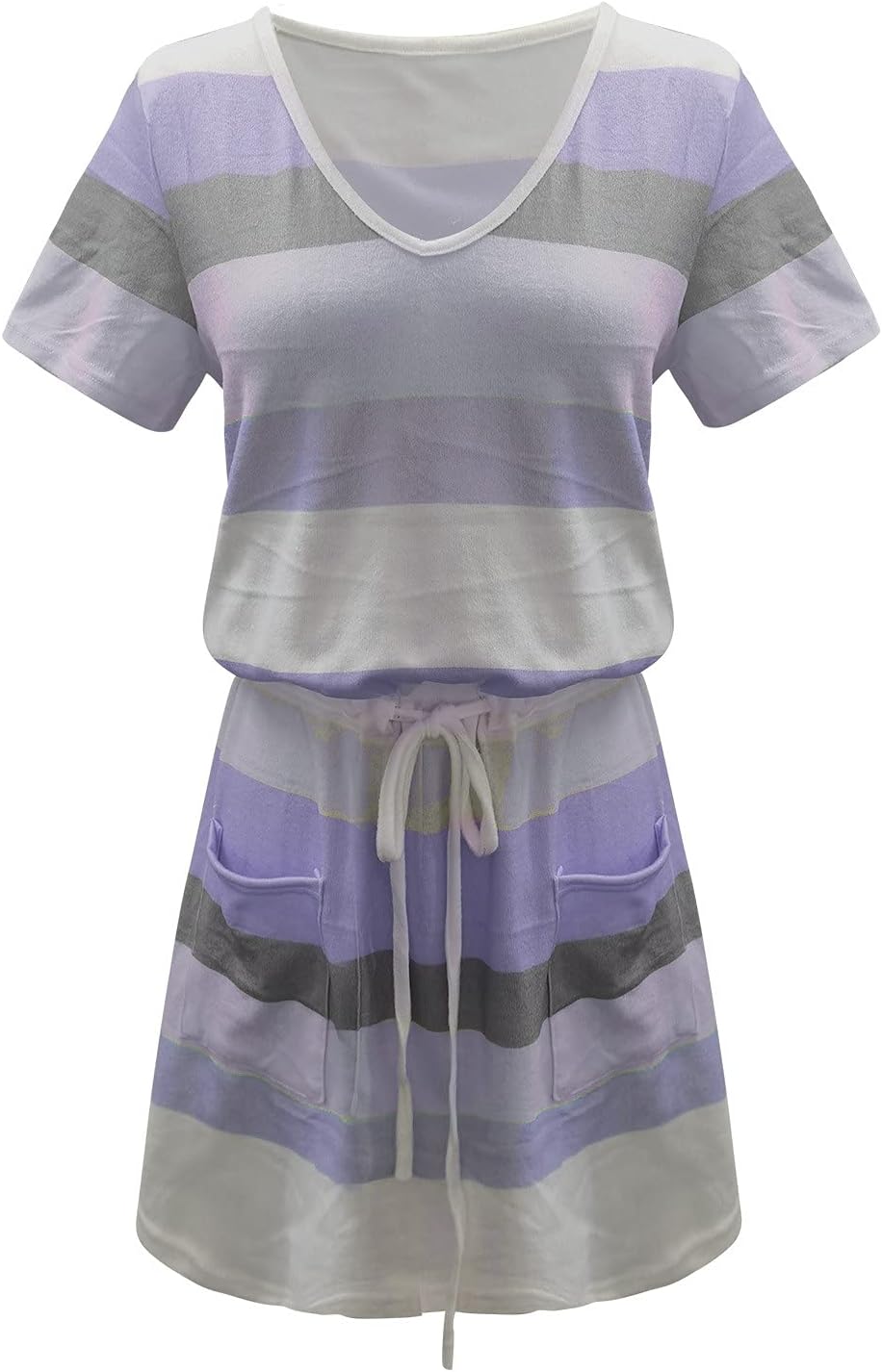 Women Summer Casual Striped Dress Drawstring Waist Tie Knot Mini Dresses Short Sleeve V Neck Tank Dress with Pocket