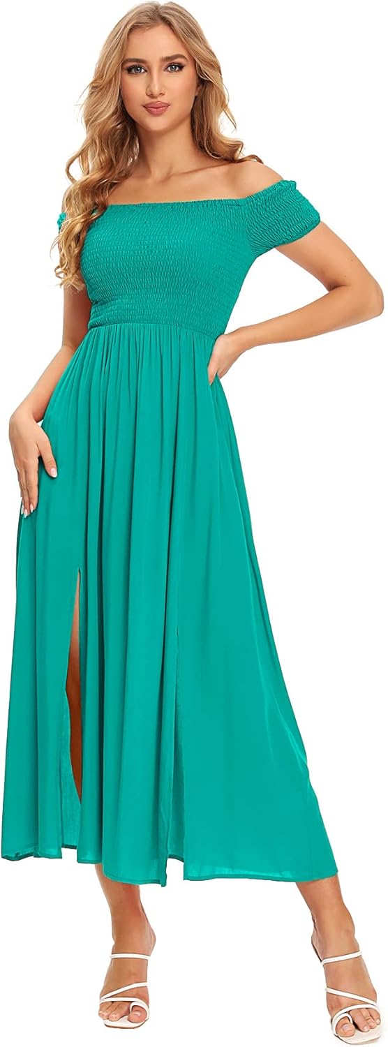 Floerns Women's Boho Floral Print Off Shoulder Split Long A Line Dress