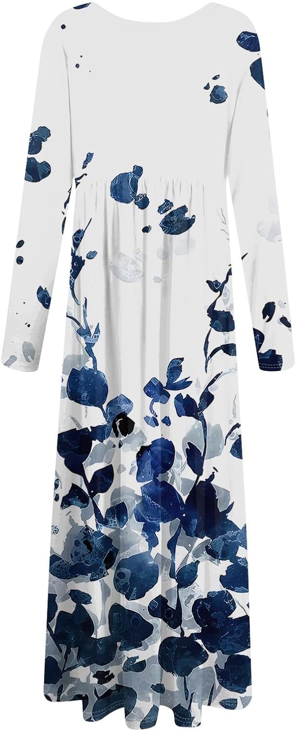 Long Sleeve Maxi Dress for Women Elegant Crew Neck Flowy Swing Dresses Solid Color Wedding Guest Dresses