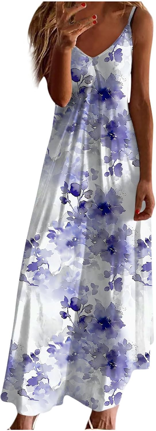 Womens Floral Maxi Dresses Spaghetti Strap Casual Summer Long Dress Vneck Flowy Boho Beach Sundress Vacation Outfits