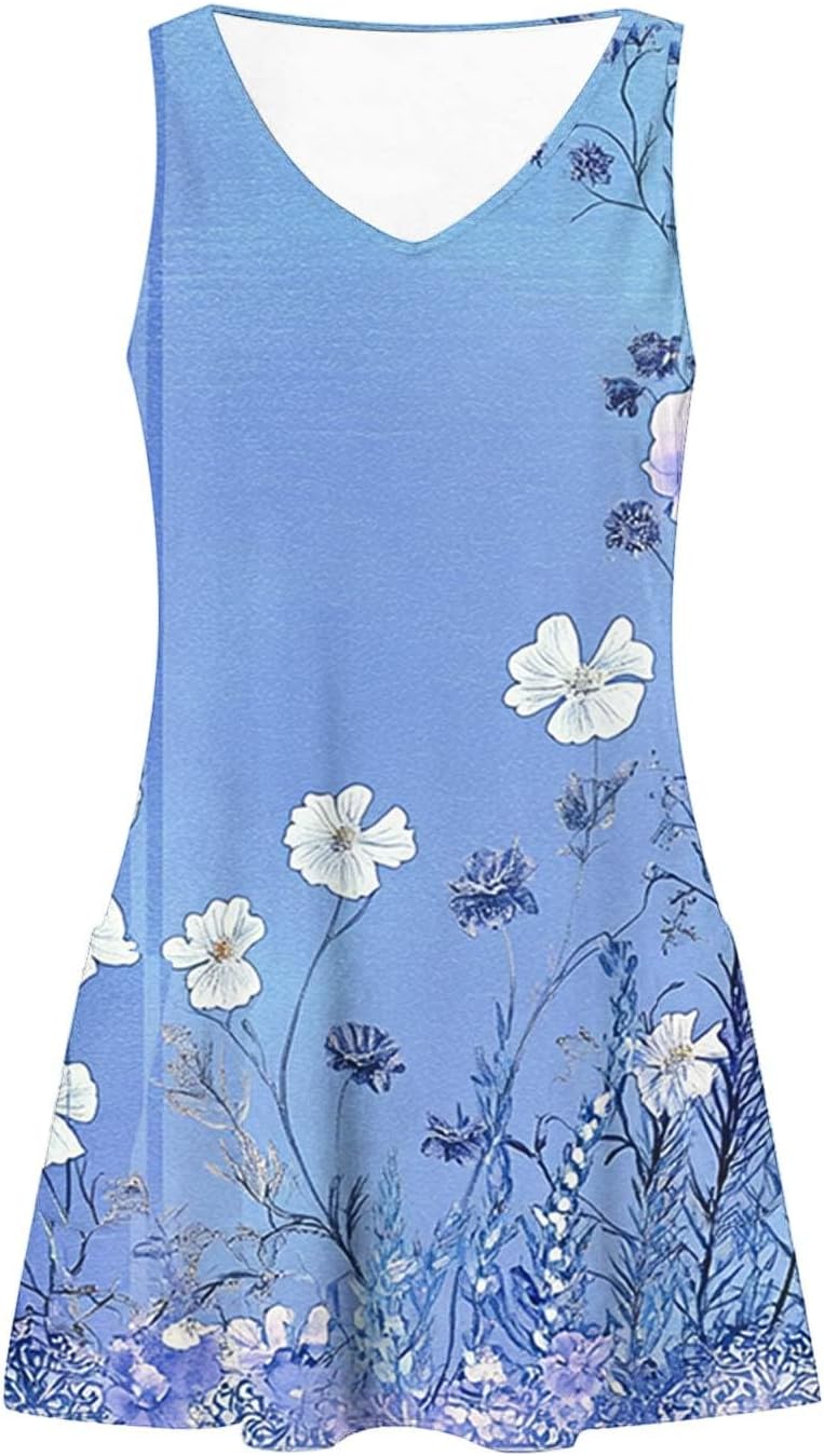 Womens 2025 Spring Summer Dresses Casual Floral Print V-Neck Tank Dress Curve Hem Pleated A-Line Sundresses