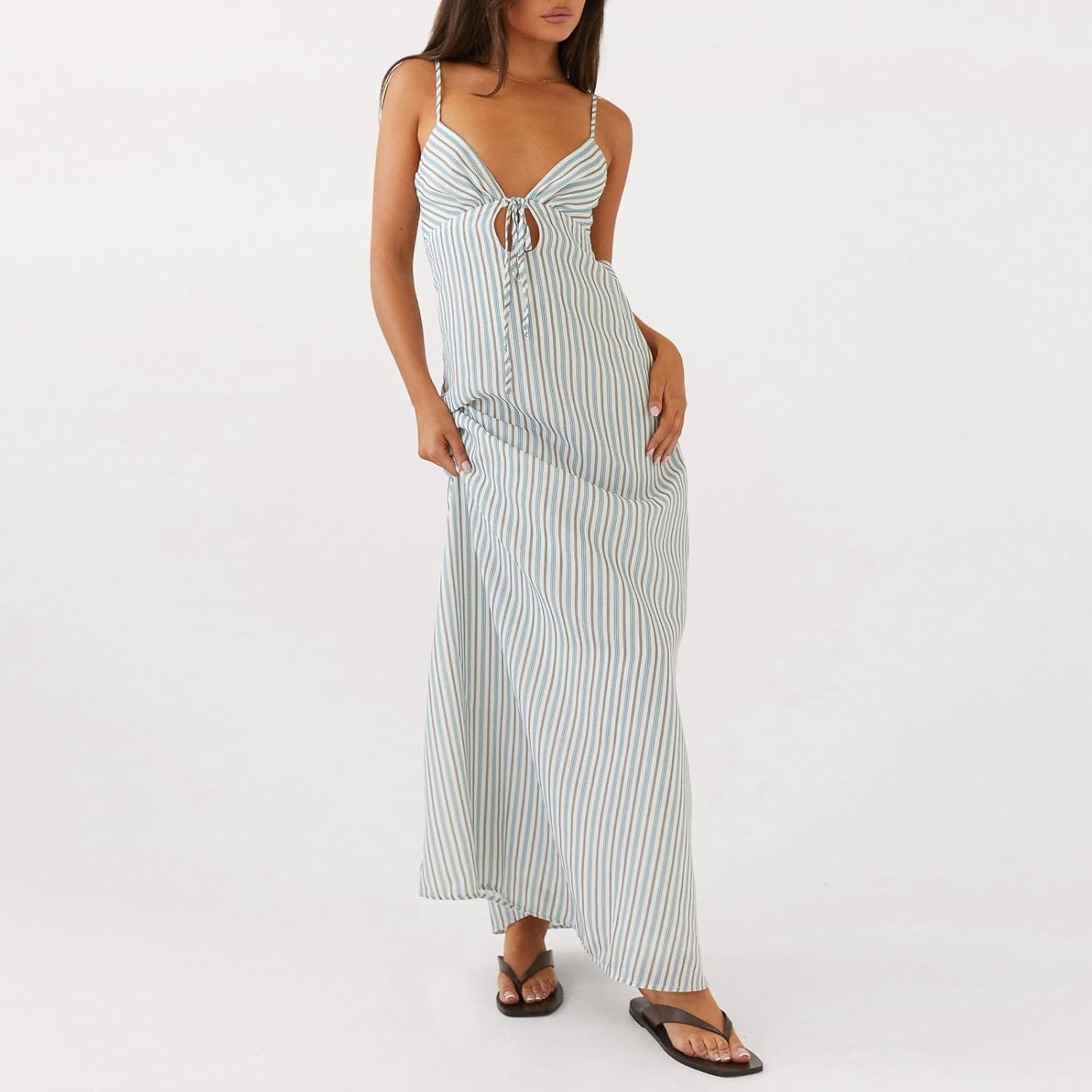 Luckinbaby Women Y2k Spaghetti Strap Maxi Dress V Neck Tie Front Cutout Long Cami Dress Backless Party Wedding Dress