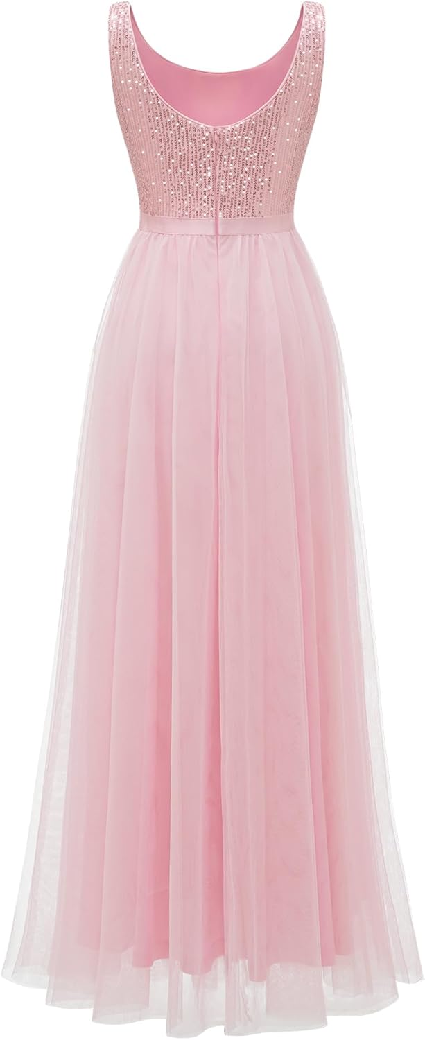 BeryLove Sequin Dress for Woman Vintage A Line Wedding Formal Swing Mesh Dress Sleeveless Cocktail Maxi Gowns