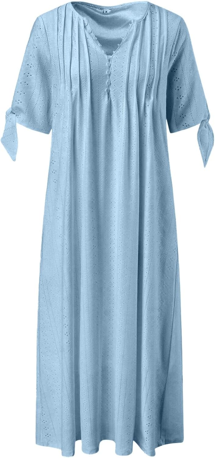 ZYXTIM Womens Eyelet Dress V Neck Short Sleeve Hollow Out Summer Beach Vacation Dresses Swing A Line Vintage Long Dresses