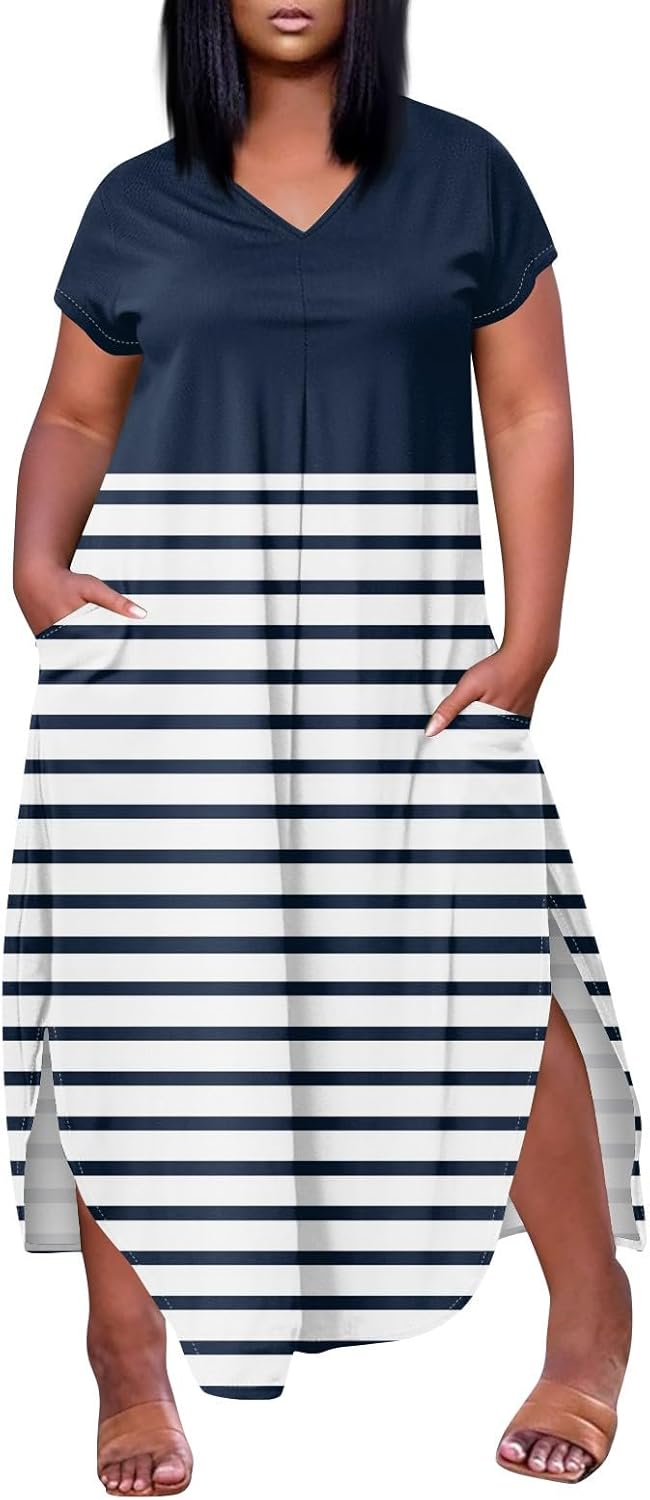 Maxi Dresses for Women 2025 Plus Size Tie Dye V Neck Dress Short Sleeve Side Split Beach Summer Sundress with Pocket