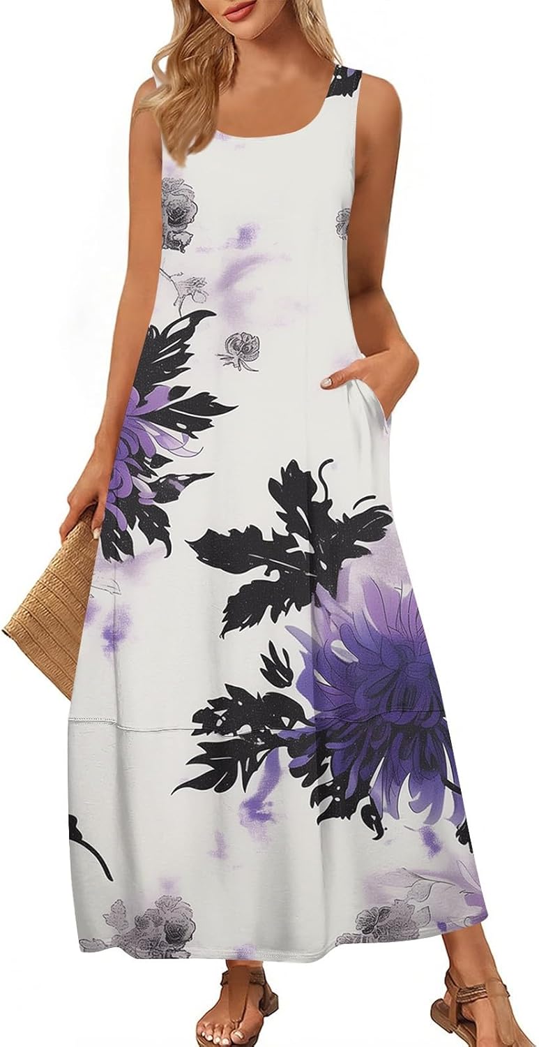 Womens Summer Tank Dress Vacation Boho Floral Long Dresses with Pockets Resort Wear Swing Beach Sleeveless Sundress
