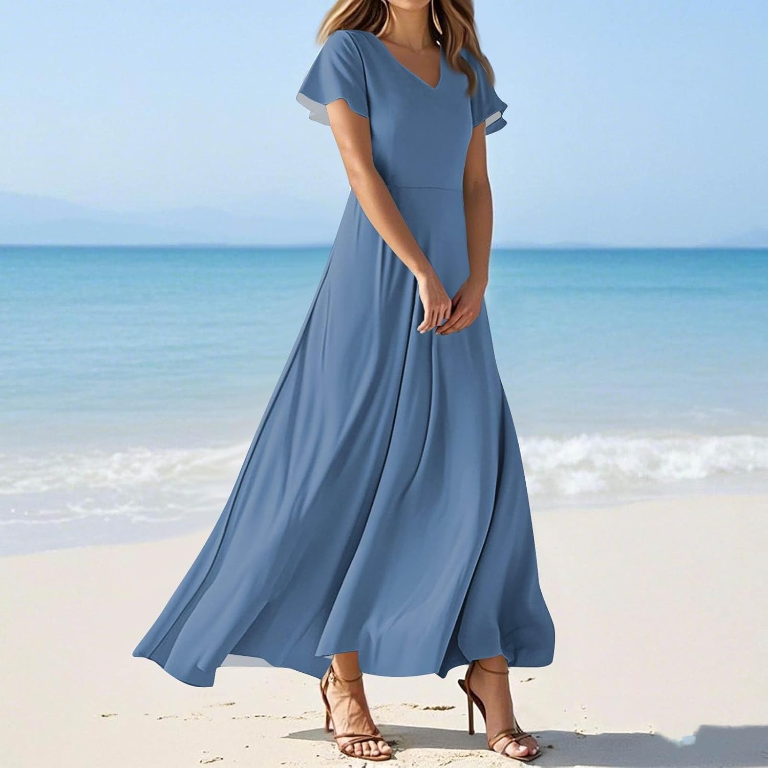 Womens Fashion V Neck Ruffle Short Sleeve Maxi Dress 2025 Summer Elegant Solid Color Flowy A Line Dresses