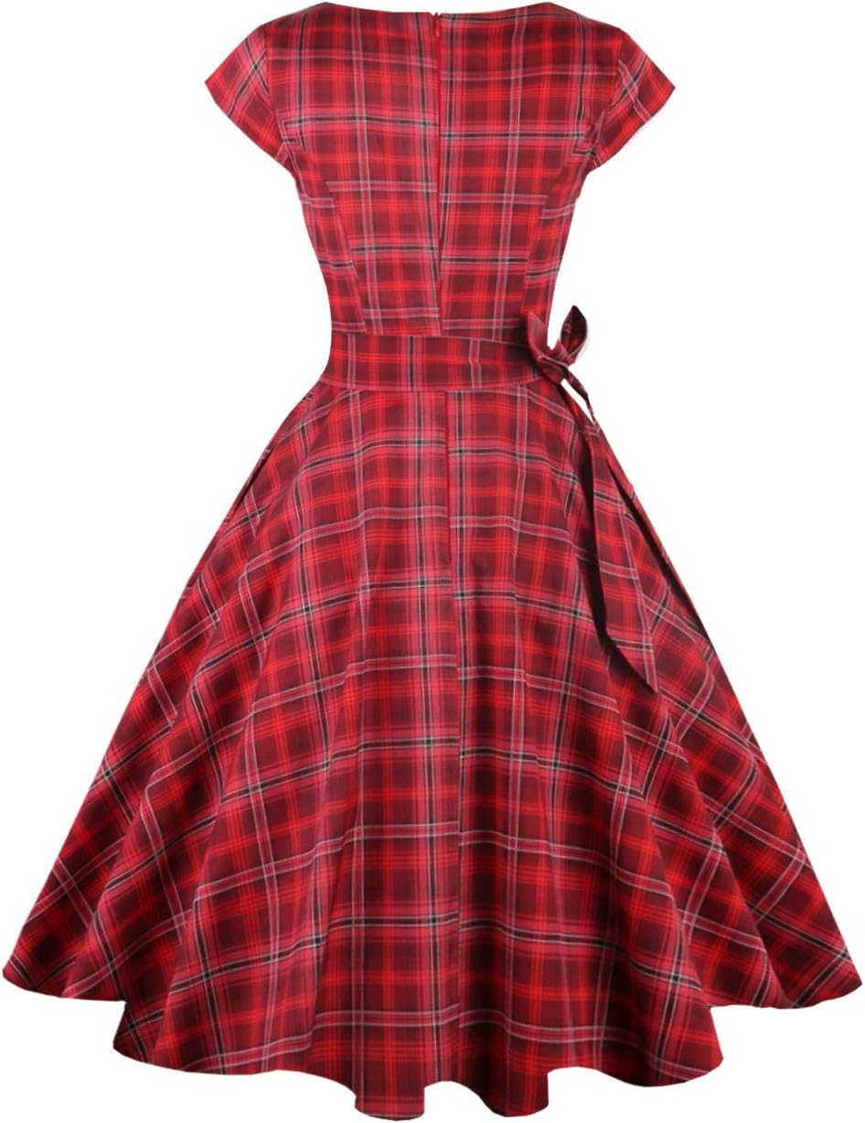 PUKAVT Women's 1950 Boatneck Cap Sleeve Vintage Swing Cocktail Party Dress with Pockets