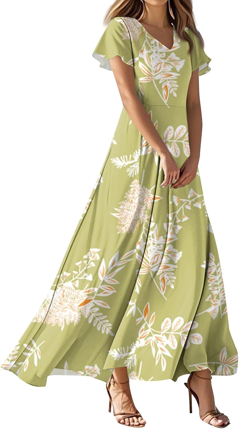 Womens Fashion V Neck Ruffle Short Sleeve Maxi Dress 2025 Summer Elegant Solid Color Flowy A Line Dresses
