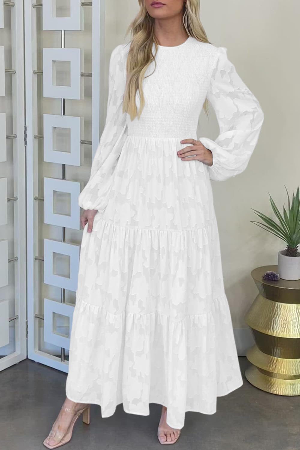 MITILLY Women's Elegant Floral Long Sleeve Round Neck Smocked A-Line Flowy Tiered Maxi Dress with Pockets