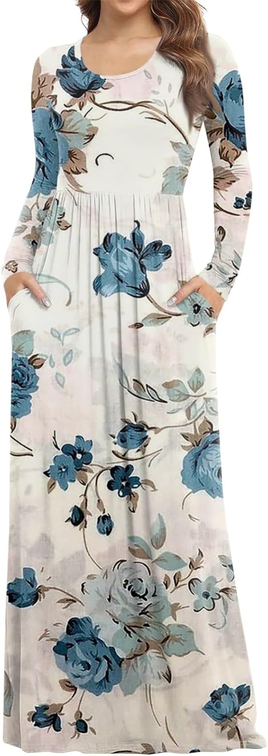 Long Sleeve Maxi Dress for Women Elegant Crew Neck Flowy Swing Dresses Solid Color Wedding Guest Dresses