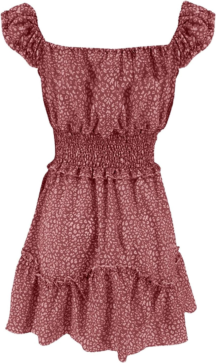 iQKA Women Short Mini Dress Summer Bohemian Floral Print Short Sleeve Square Neck Sexy Babydoll Dresses S-3XL