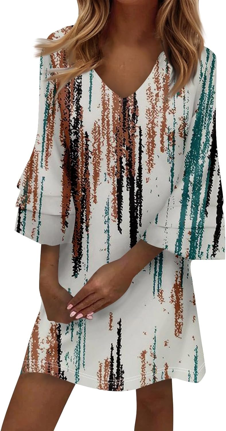 Beach Dresses for Women,2025 Summer Trendy Floral Print Boho Dress,Casual Loose V Neck Bell 3/4 Sleeve Mini Dress
