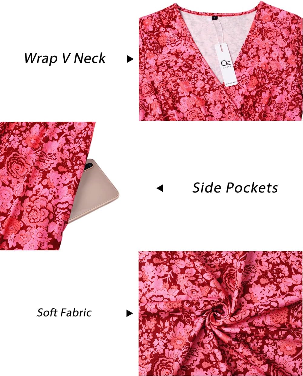OUGES Women's Summer Short Sleeve V-Neck Floral Short Party Dress with Pockets