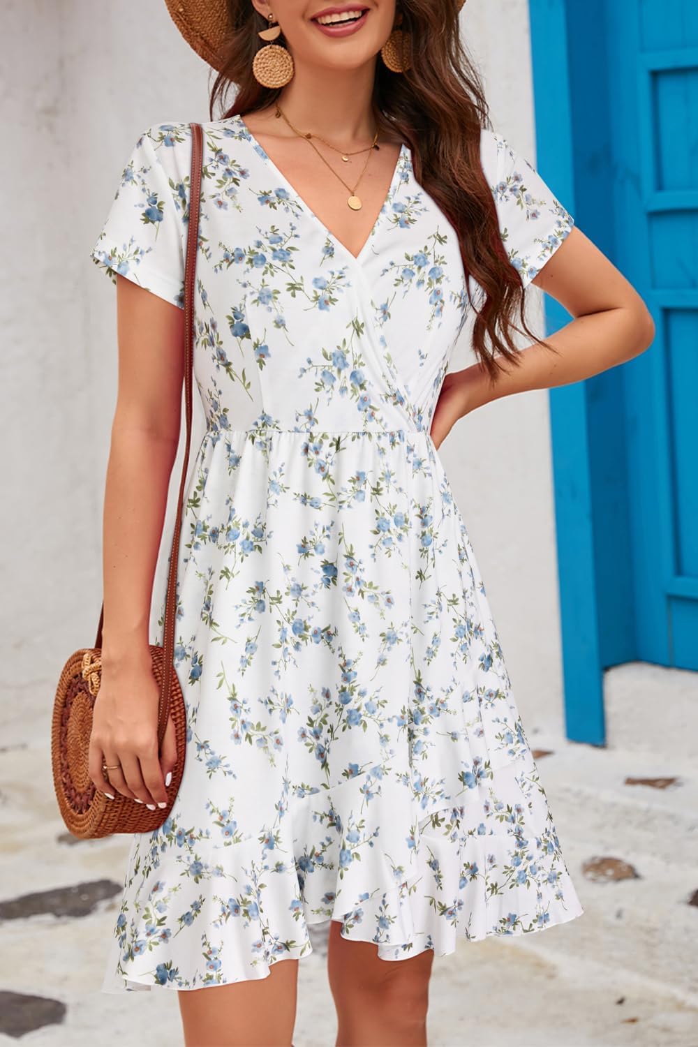 ULTRANICE Womens Summer Dresses Floral V Neck Ruffled Hem Spaghetti Spring Casual Beach Outfits Flowy Wrap Sun Dress