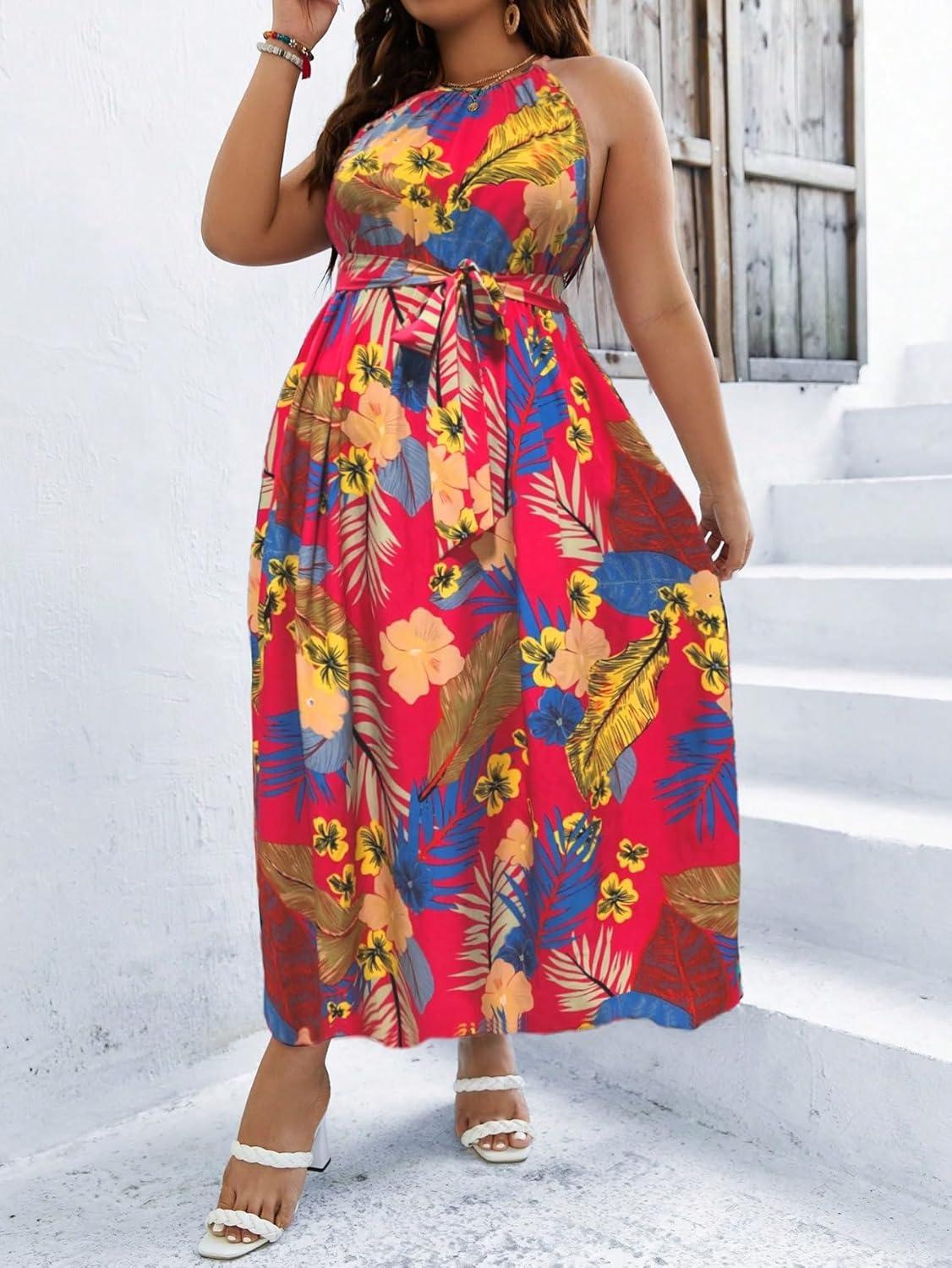 Floerns Women's Plus Size Boho Sleeveless Halter Neck Tie Back A Line Long Dress