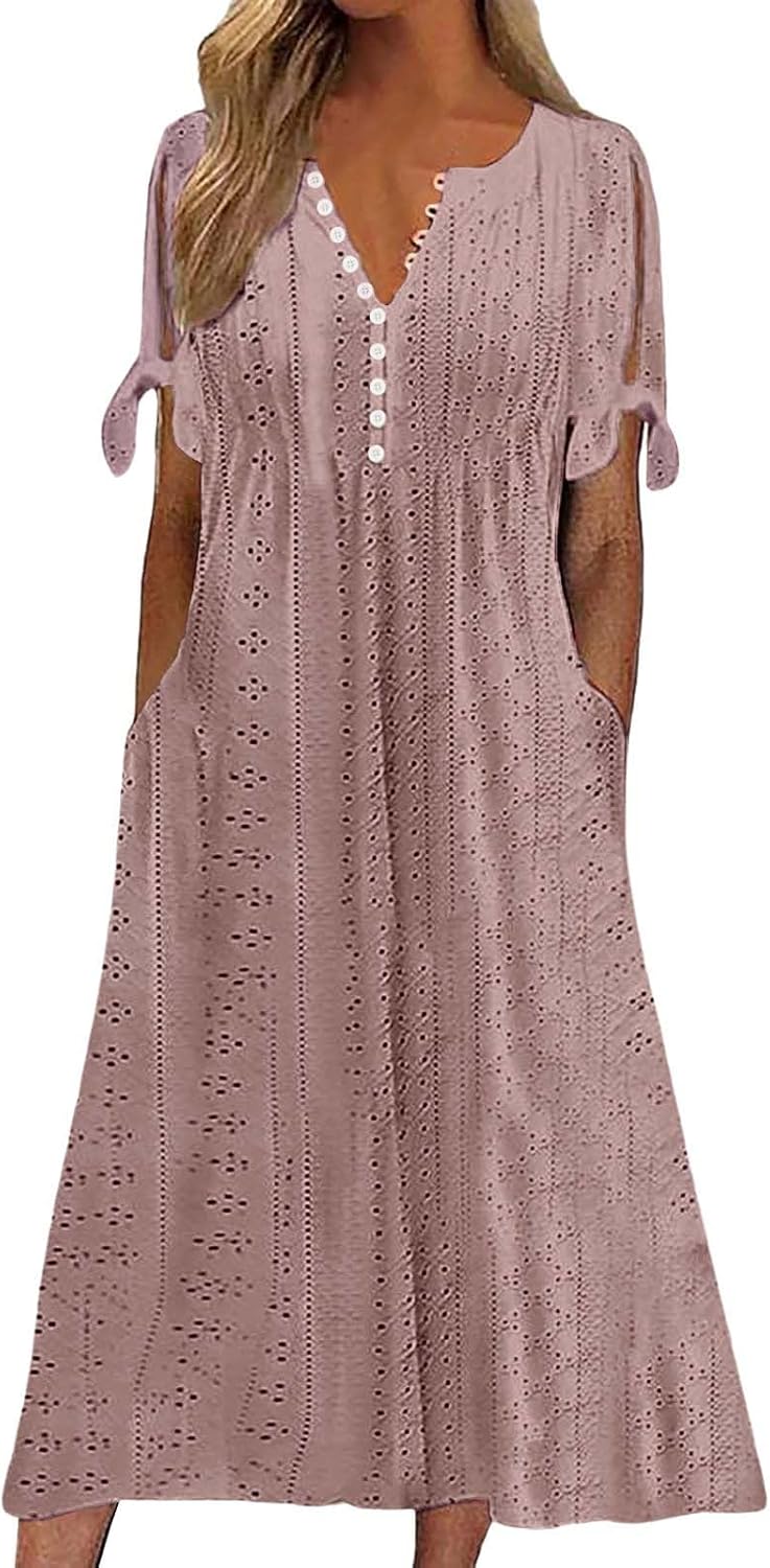 ZYXTIM Womens Eyelet Dress V Neck Short Sleeve Hollow Out Summer Beach Vacation Dresses Swing A Line Vintage Long Dresses