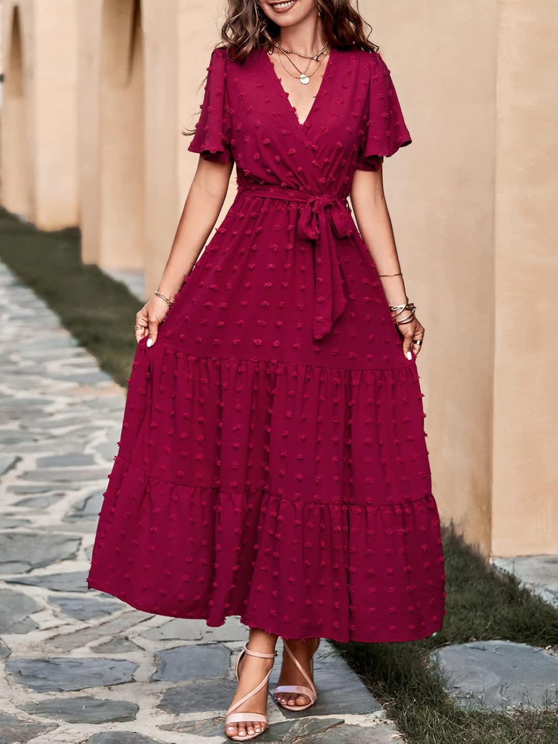 MASCOMODA Womens Boho Swiss Dot Maxi Dresses Wrap V Neck Flutter Short Sleeve Solid Tie Belt A Line Tiered Flowy Long Dress