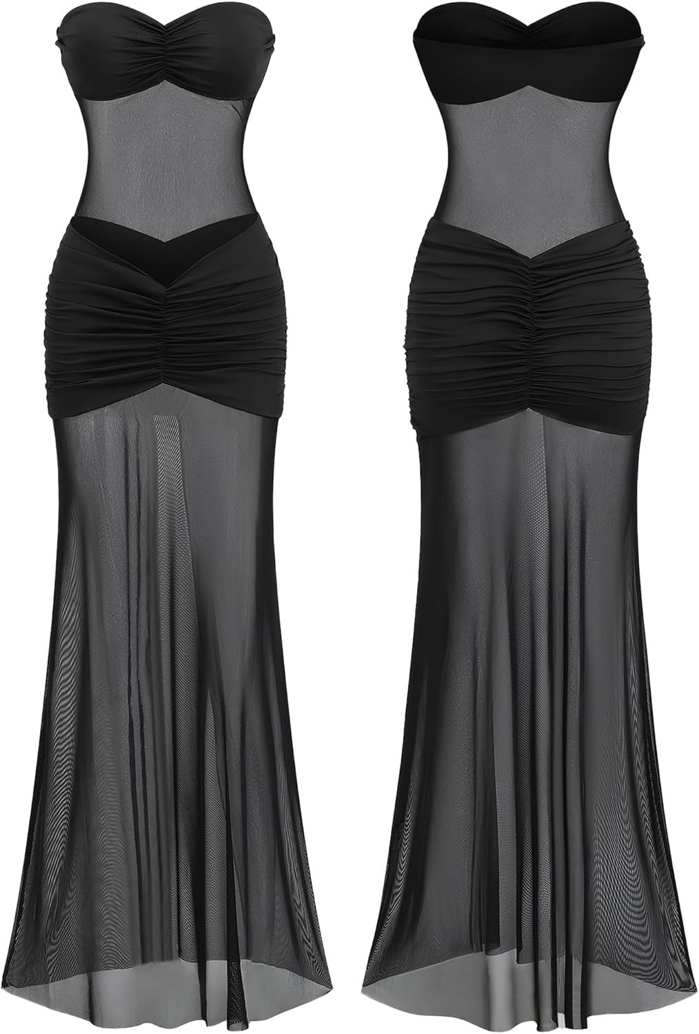 Women’s See Through Mesh Maxi Dress Sweatheart Neck Patchwork Slim Fit Night Out Seaside Long Dresses