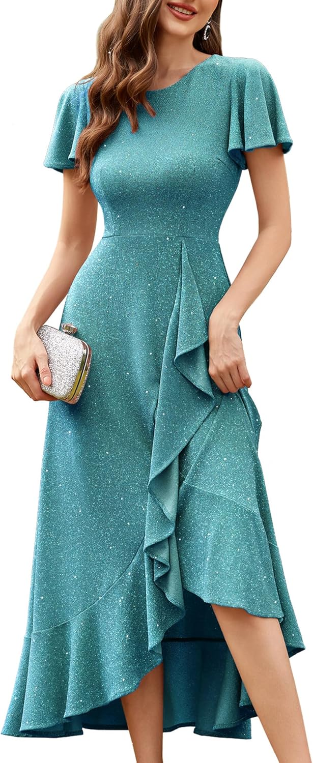 BeryLove Women Sequin Formal Party Dress Flutter Short Sleeve Wedding Cocktail Long Evening Dress