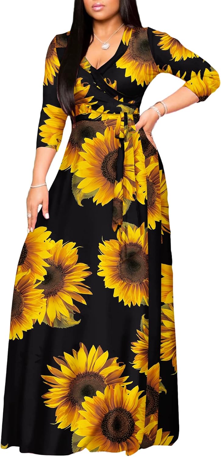 FANDEE Plus Size Maxi Dress for Women Casual Summer Sundress V-Neck 3/4 Sleeve