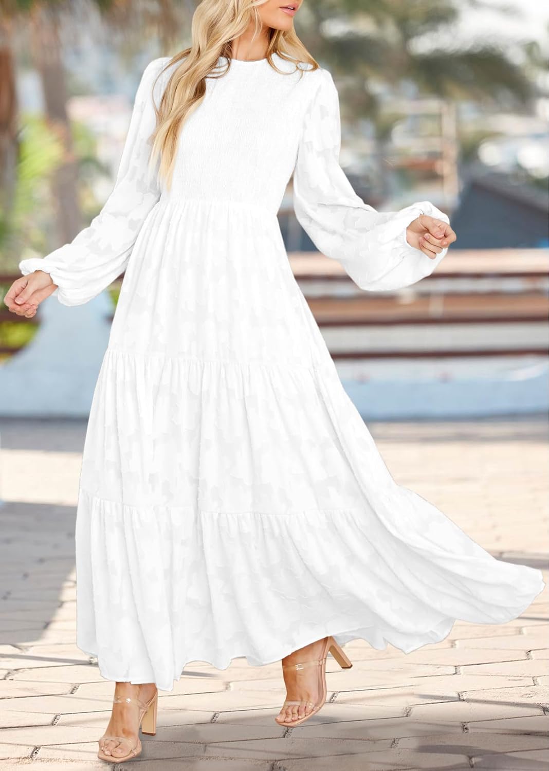 MITILLY Women's Elegant Floral Long Sleeve Round Neck Smocked A-Line Flowy Tiered Maxi Dress with Pockets