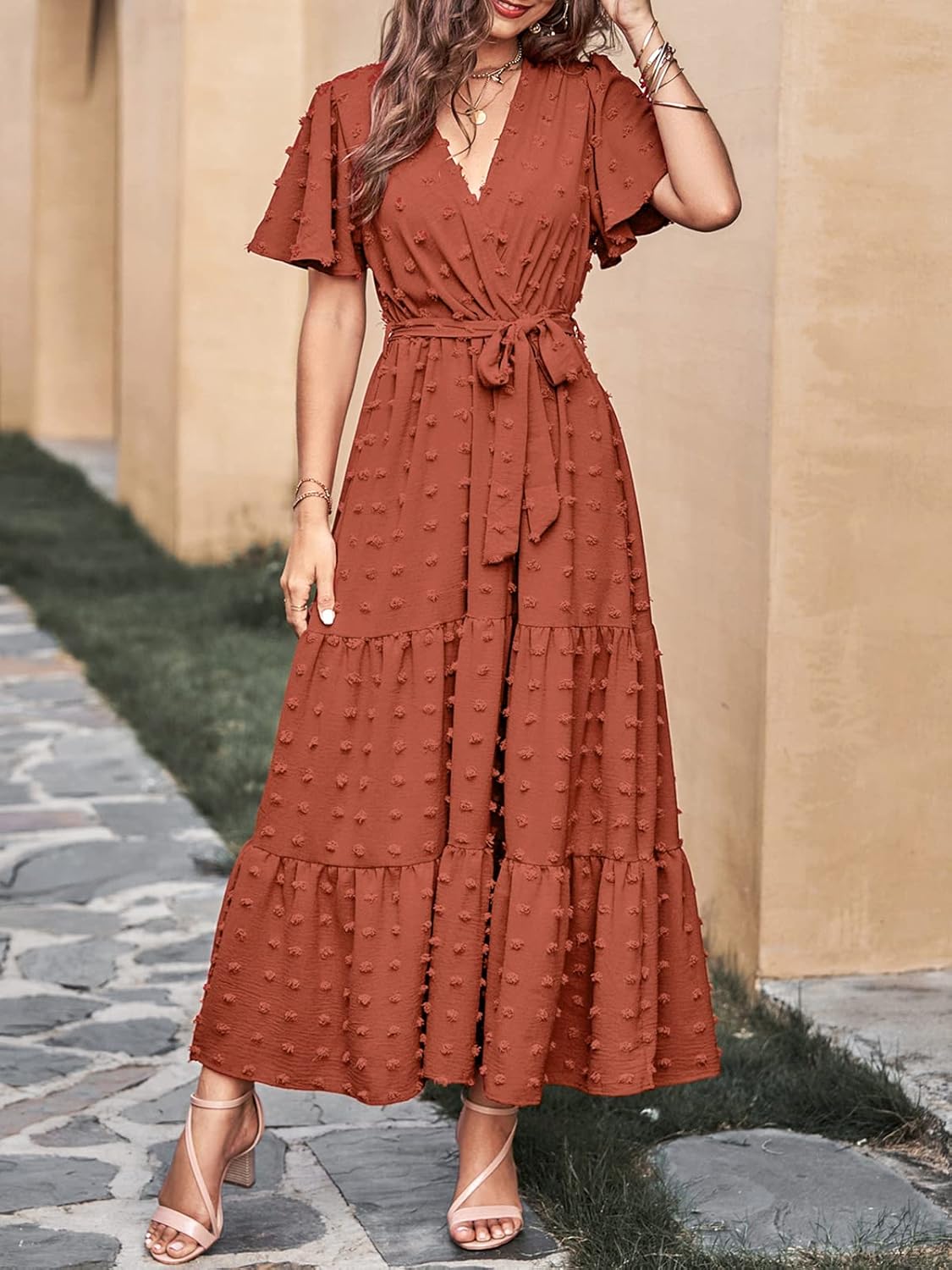 MASCOMODA Womens Boho Swiss Dot Maxi Dresses Wrap V Neck Flutter Short Sleeve Solid Tie Belt A Line Tiered Flowy Long Dress