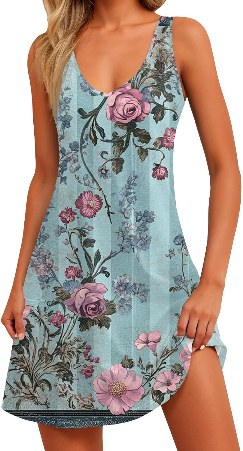 Women's Sleeveless Floral Print Summer Dress Casual V-Neck A-Line Mini Dress for Beach Party and Daily Wear