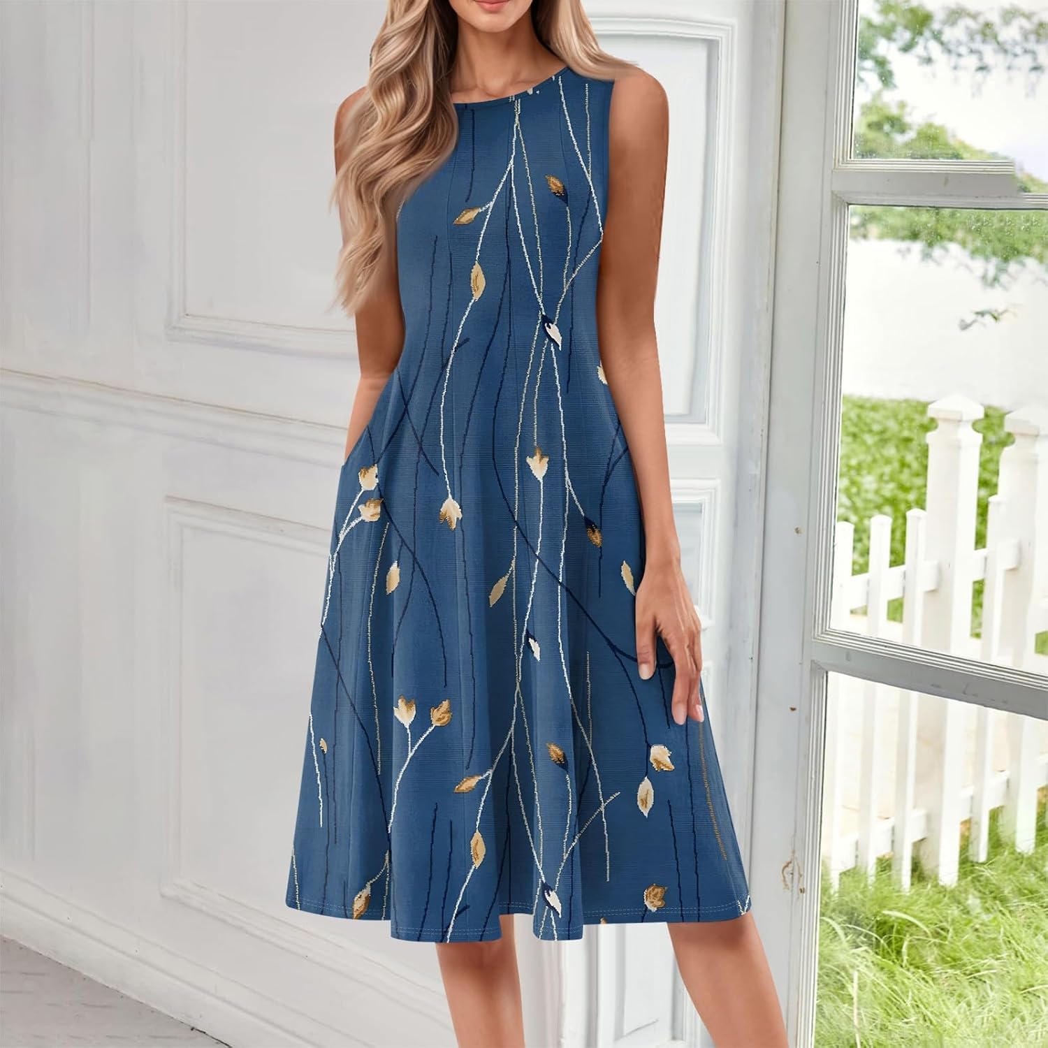 Womens Tank Sundress 2025 Casual Floral Print Tshirt Dress Swing Sleeveless Midi Dress Crewneck Pleated Summer Dresses