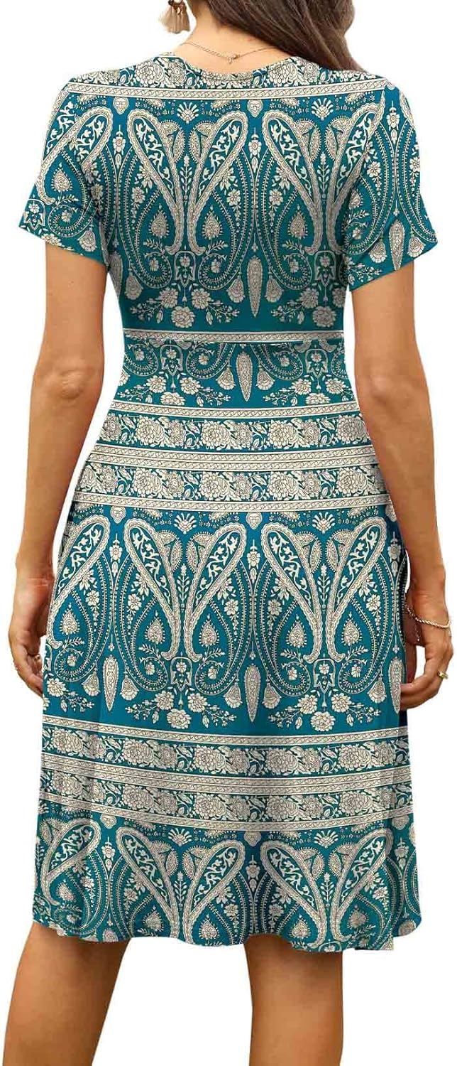 WEACZZY Women's Summer Short Sleeve Casual Dresses V-Neck Floral Party Dress with Pockets