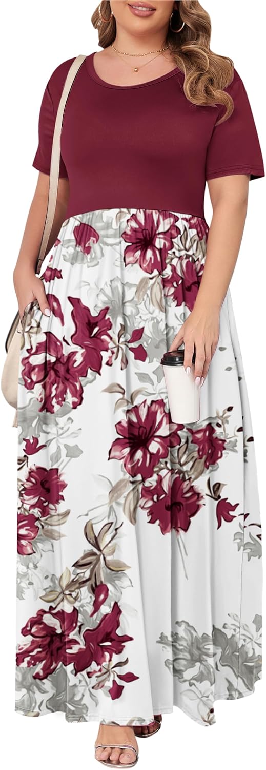 KARALIN Women’s Plus Size Maxi Dresses for Curvy Women Summer Casual Short Sleeve 2025 Long Dress 14W-26W