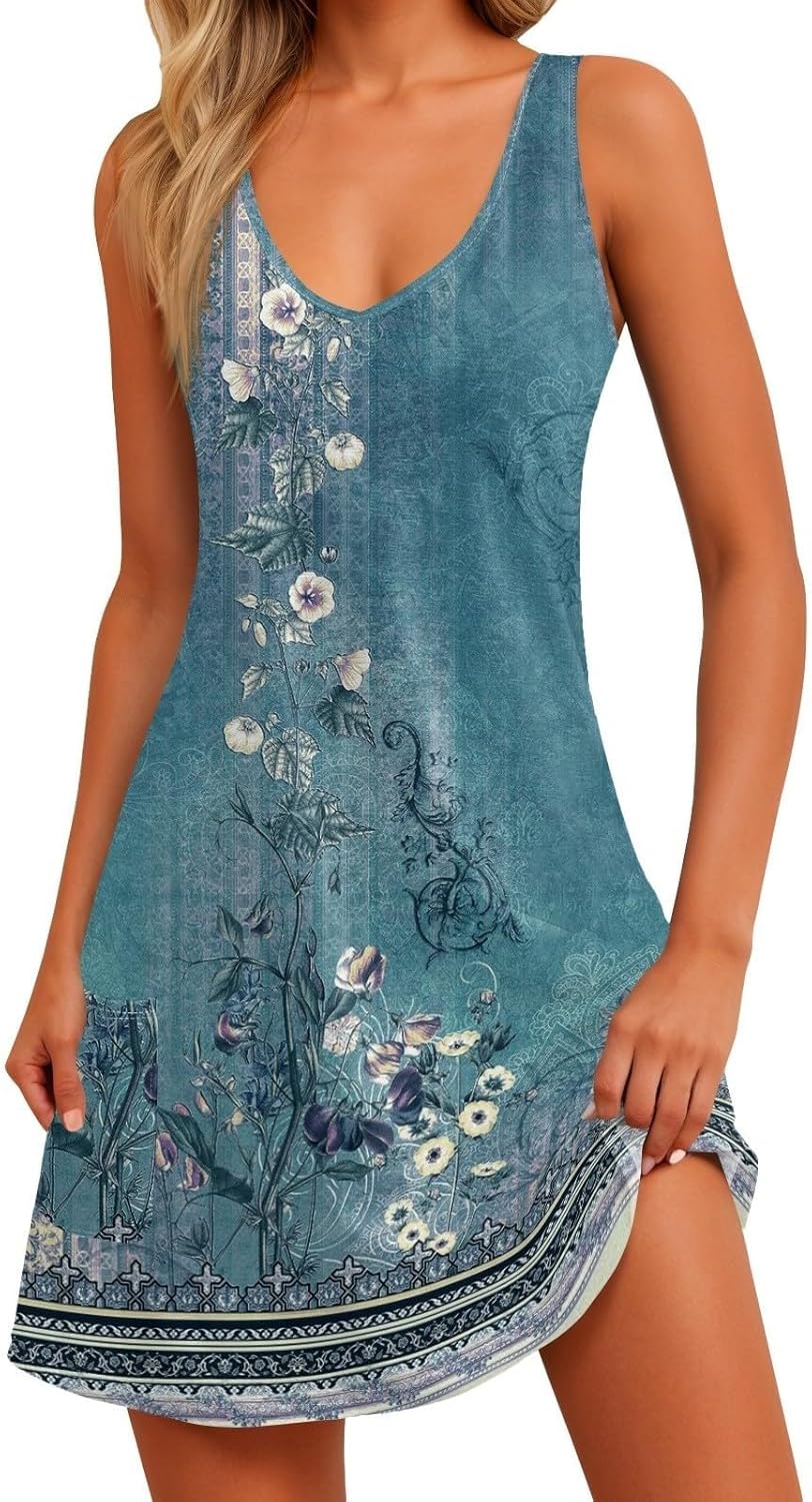 Women's Summer Dresses 2025 Beach Casual Sleeveless Floral Print Boho Tank Dress V Neck Ruffle Dresses