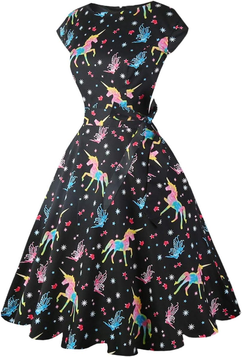 PUKAVT Women's 1950 Boatneck Cap Sleeve Vintage Swing Cocktail Party Dress with Pockets