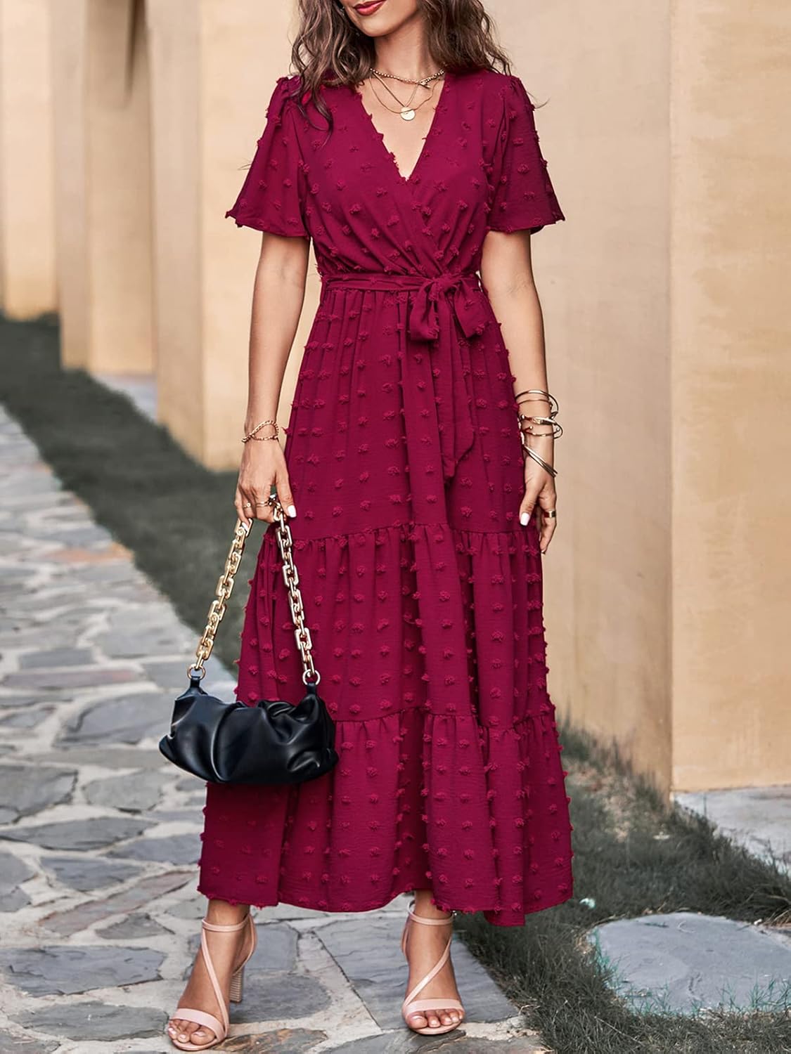 MASCOMODA Womens Boho Swiss Dot Maxi Dresses Wrap V Neck Flutter Short Sleeve Solid Tie Belt A Line Tiered Flowy Long Dress