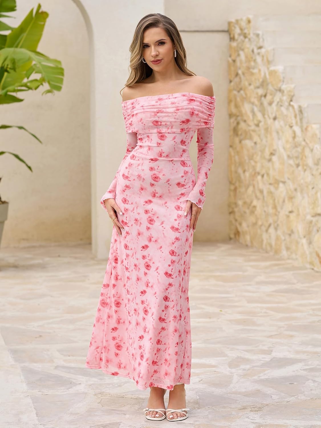 KUTUMAI Women Off Shoulder Bodycon Maxi Dress Long Sleeve Mesh Ruched Party Formal Wedding Guest Dresses