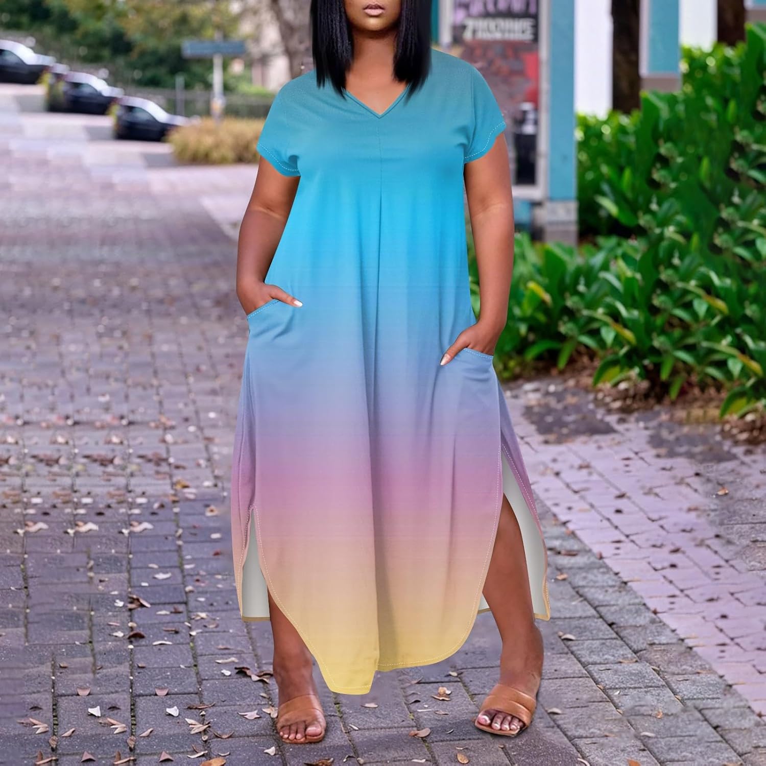 Maxi Dresses for Women 2025 Plus Size Tie Dye V Neck Dress Short Sleeve Side Split Beach Summer Sundress with Pocket