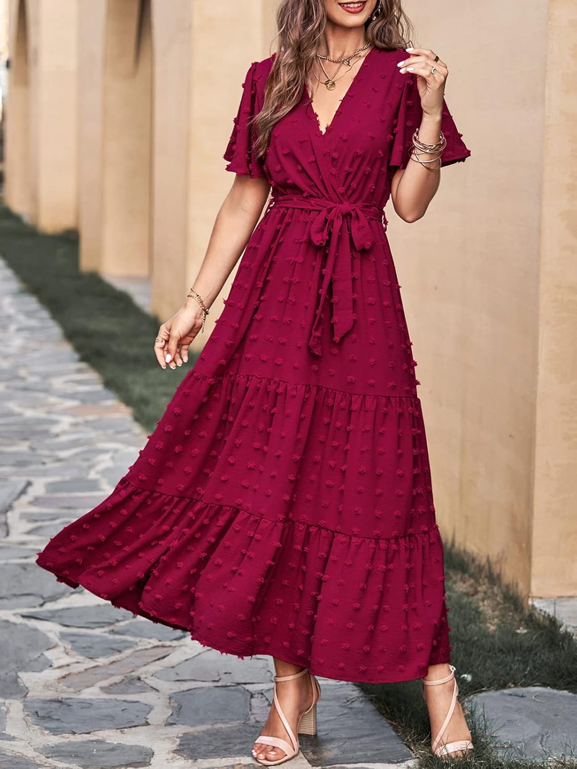 MASCOMODA Womens Boho Swiss Dot Maxi Dresses Wrap V Neck Flutter Short Sleeve Solid Tie Belt A Line Tiered Flowy Long Dress