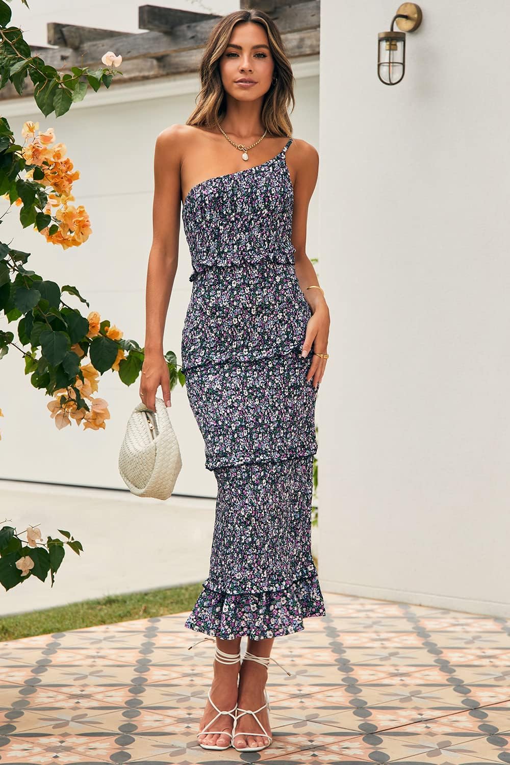 PRETTYGARDEN Women's Summer Midi Bodycon Dresses One Shoulder Strappy Tiered Ruffle Floral Boho Sun Dress
