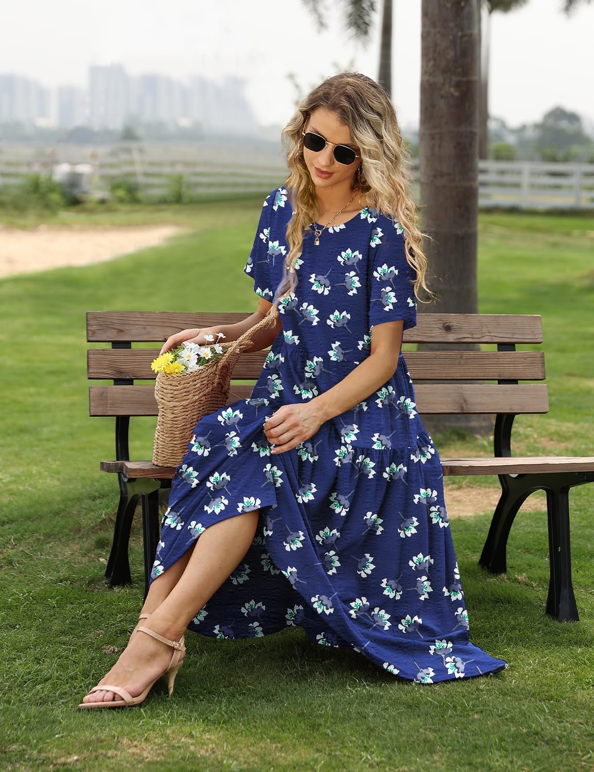 YESNO Women Casual Loose Bohemian Floral Dress with Pockets Short Sleeve Long Maxi Summer Beach Swing Dress EJF