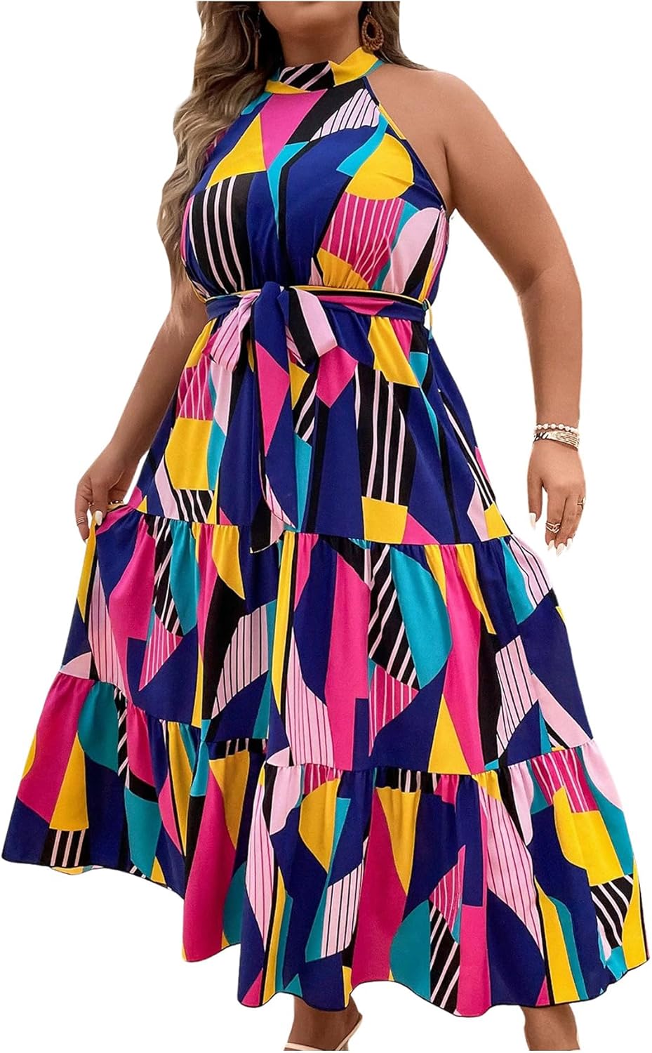 Floerns Women's Plus Size Boho Sleeveless Halter Neck Tie Back A Line Long Dress