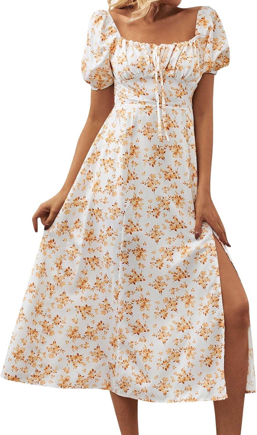 Women's Sundresses 2025 Summer Casual Loose Trendy Bubble Sleeve Square Neck Split Bow Floral Print Dress Plus Size, XS-3XL