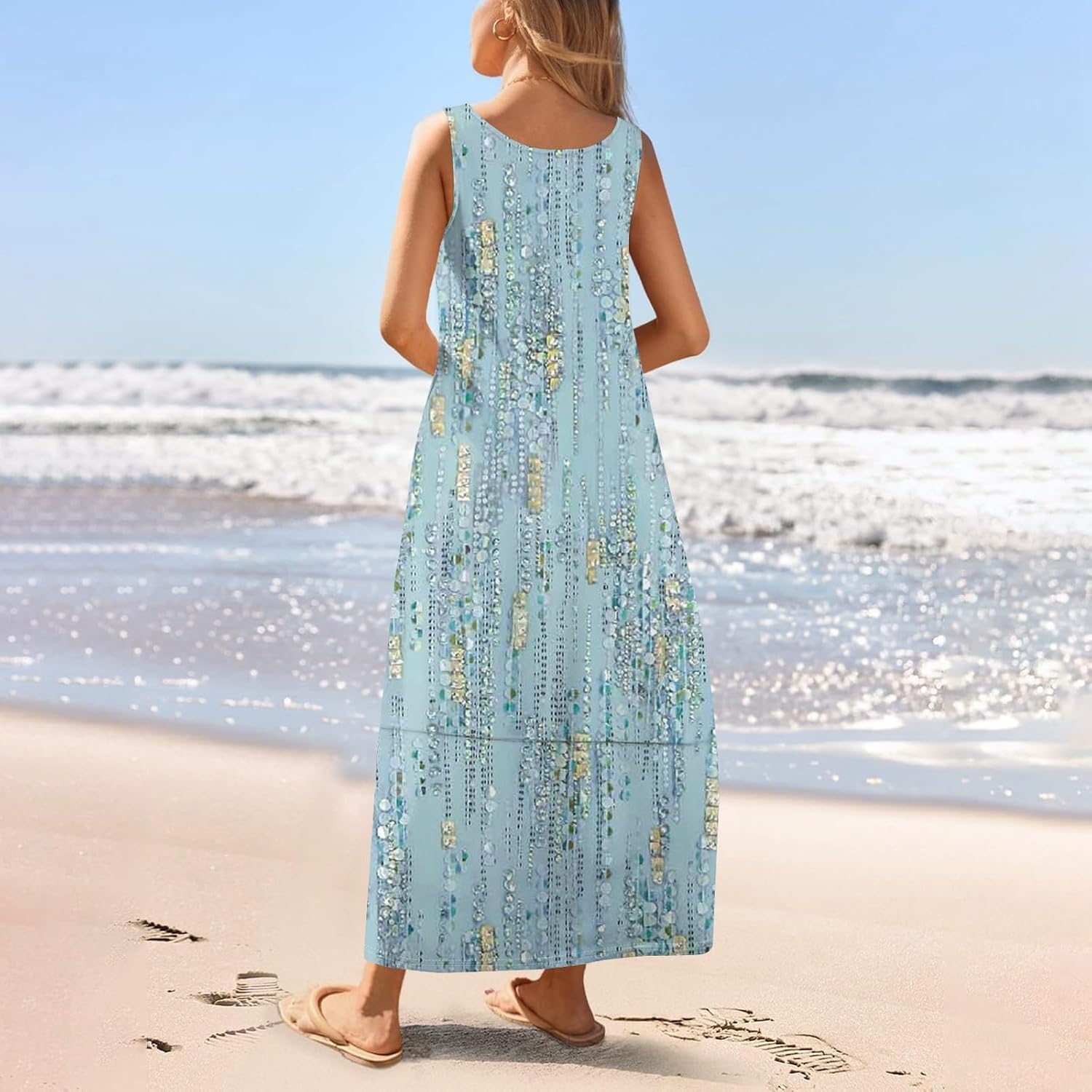 Womens Summer Tank Dress Vacation Boho Floral Long Dresses with Pockets Resort Wear Swing Beach Sleeveless Sundress