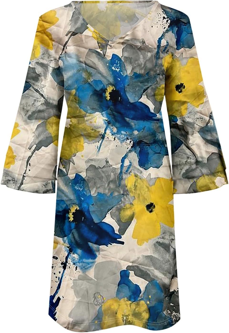 Beach Dresses for Women,2025 Summer Trendy Floral Print Boho Dress,Casual Loose V Neck Bell 3/4 Sleeve Mini Dress
