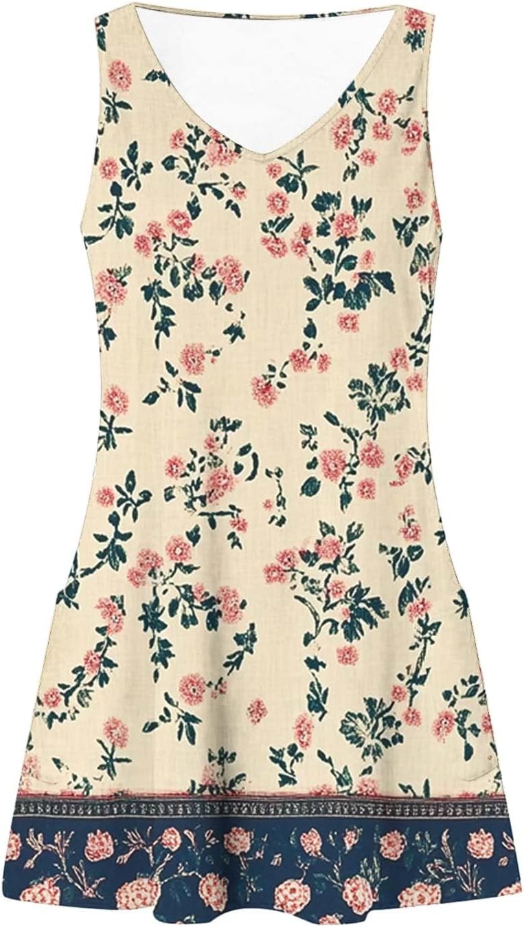 Womens 2025 Spring Summer Dresses Casual Floral Print V-Neck Tank Dress Curve Hem Pleated A-Line Sundresses