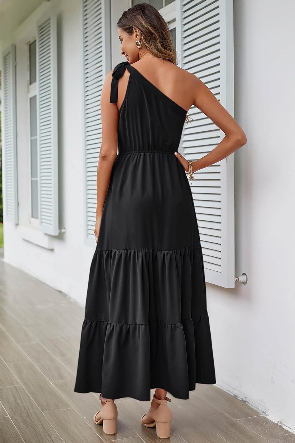 PRETTYGARDEN Women's Summer Floral Maxi Dress Knot One Shoulder Sleeveless Ruffle Flowy Boho Beach Wedding Guest Dresses