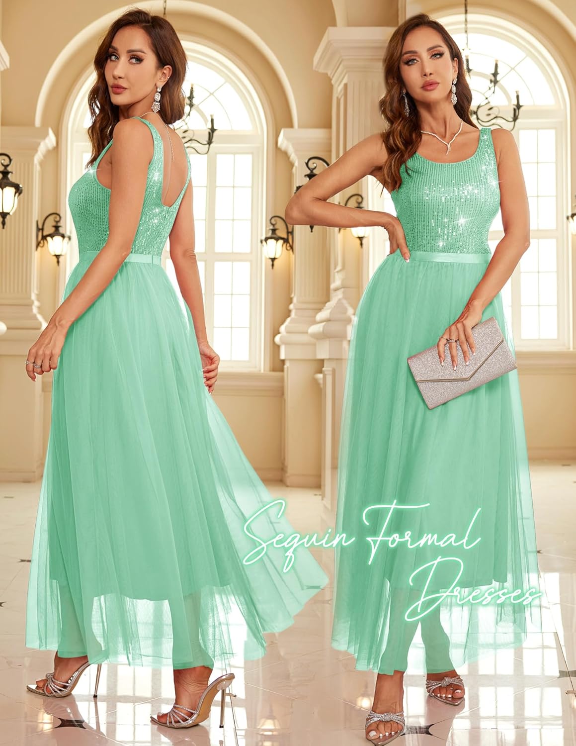 BeryLove Sequin Dress for Woman Vintage A Line Wedding Formal Swing Mesh Dress Sleeveless Cocktail Maxi Gowns