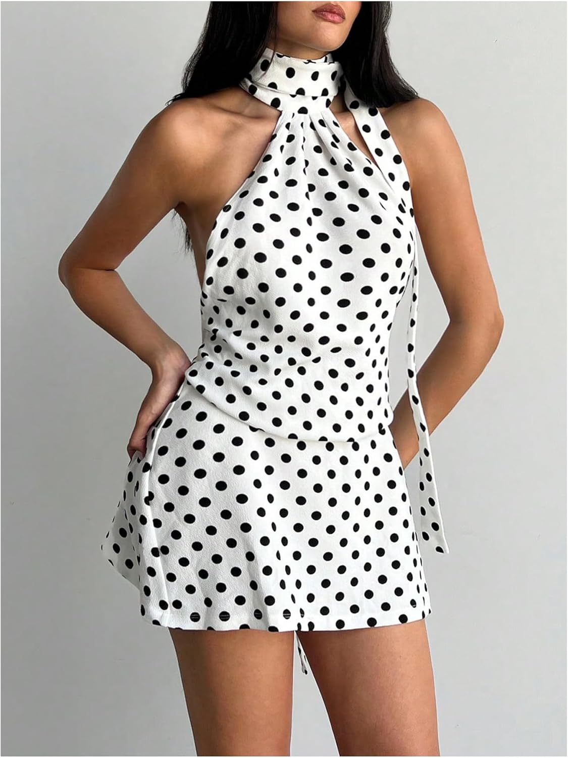 Milumia Women's Polka Dots Halter Dress Sleeveless Backless Ruffle Hem Ruched Short Dresses with Scarf